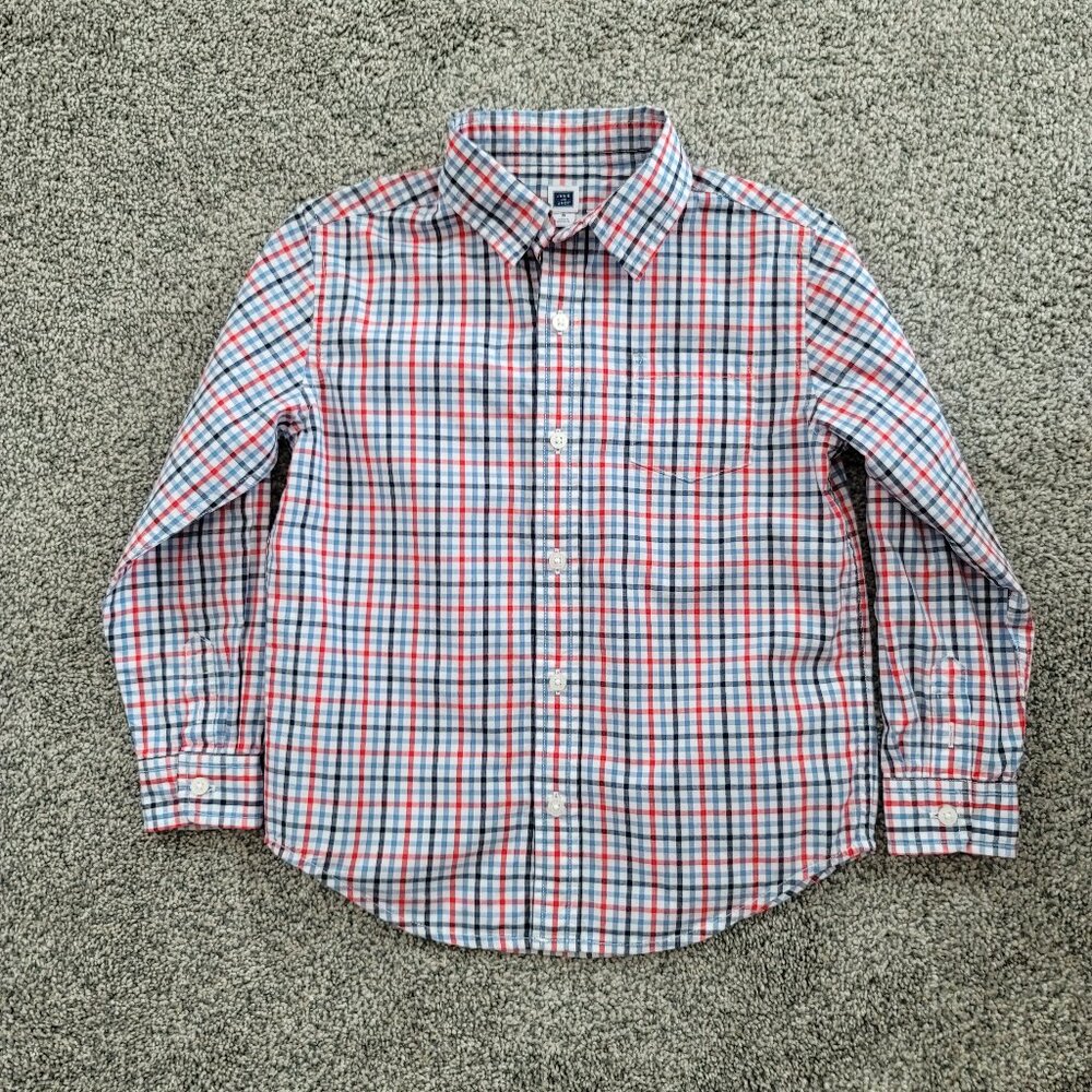 Janie and Jack boys Red White Blue Button Down Shirt Size 5, Nice Pre-Owned Cond